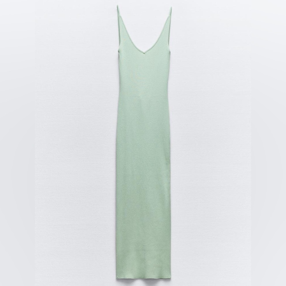 NWOT - Zara Sea Green Open Back Form Fitting Knit Midi Dress